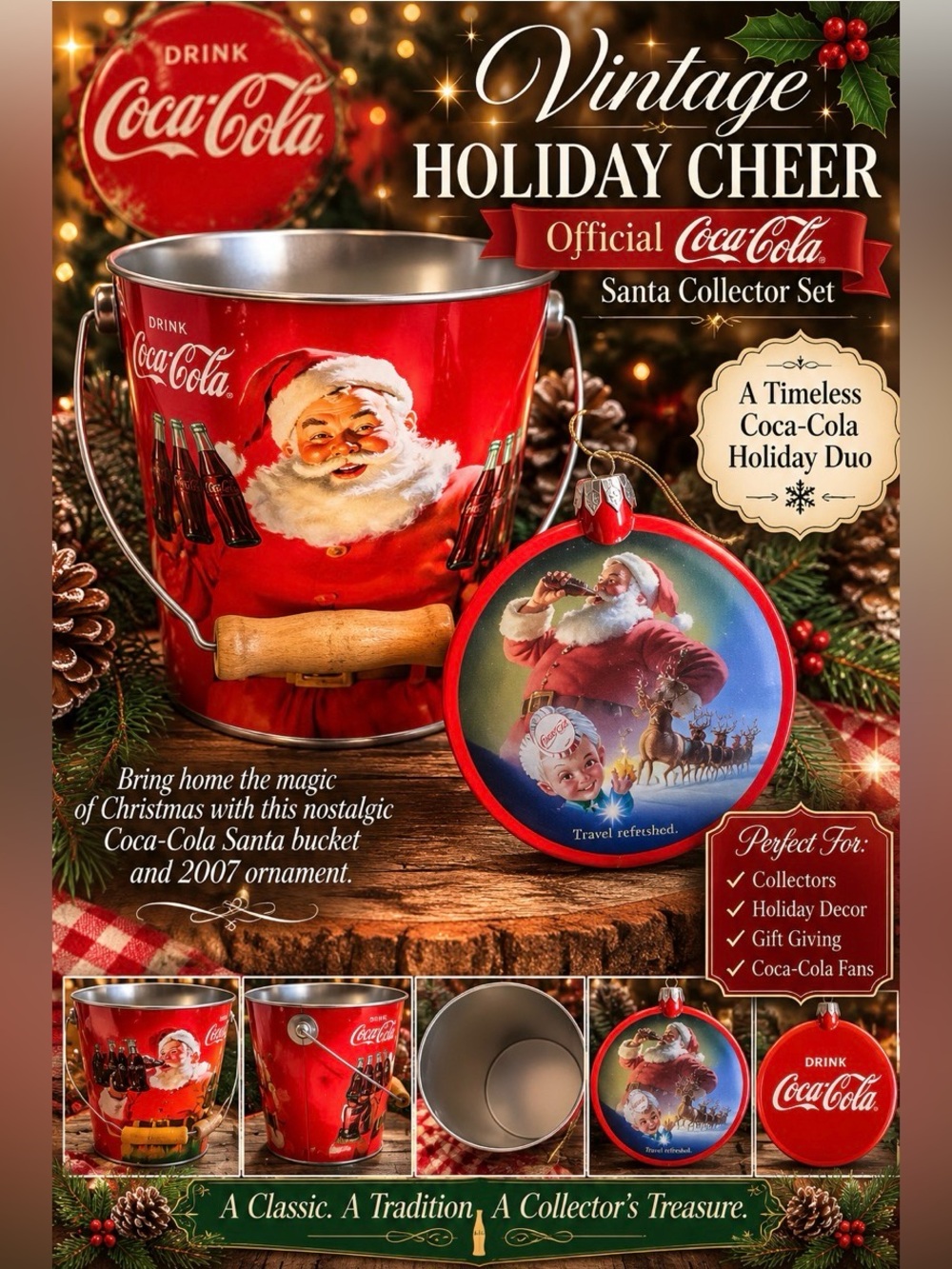 Coca-Cola Santa Christmas Bundle | Official Metal Bucket + 2007 Ornament-Holiday